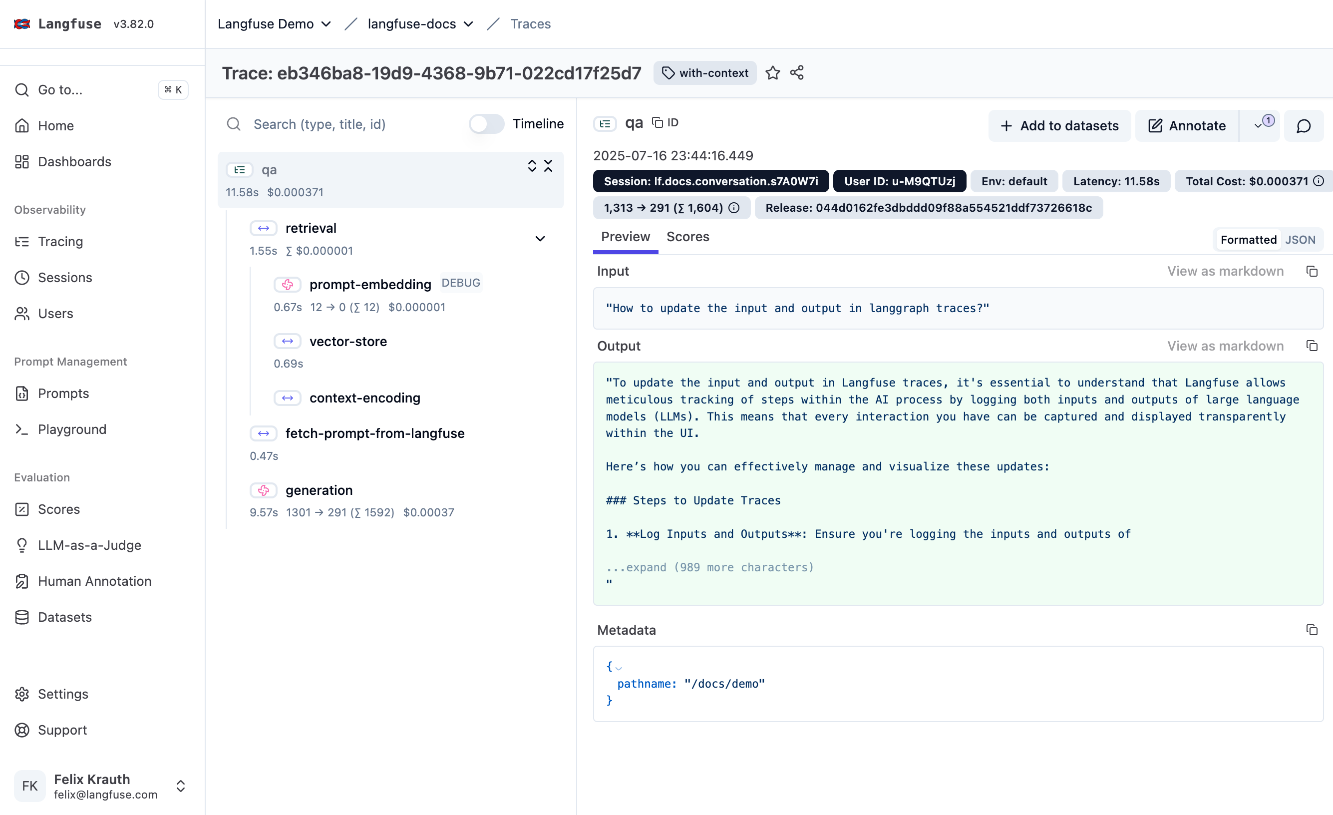 Example of a trace showing nested observations: an initial model call, multiple tool executions, and a final summarization step. Each observation includes timing, inputs, outputs, and cost information.